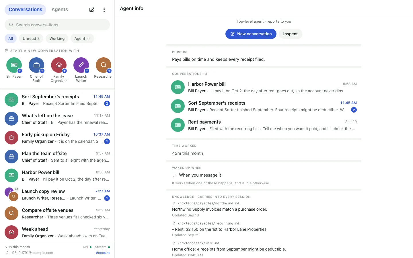 Agent info for Bill Payer: the time it worked this month, that it wakes up when you message it, and its knowledge files, such as knowledge/payables/recurring.md.