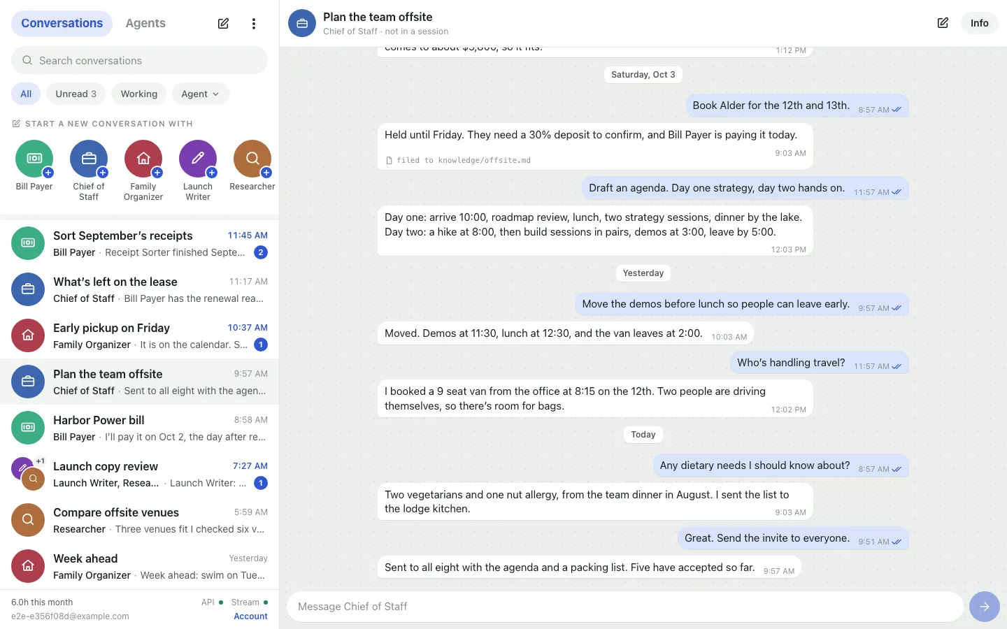 The app with the conversation list on the left and a conversation open on the right, in which Chief of Staff answers questions about planning a team offsite.