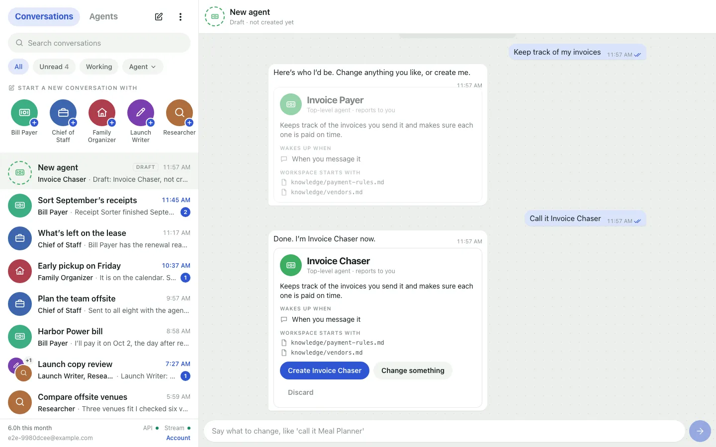 A new agent's conversation: a request to keep track of invoices, a draft card for Invoice Payer, and after the reply asking to call it Invoice Chaser, a second card with a button to create it.